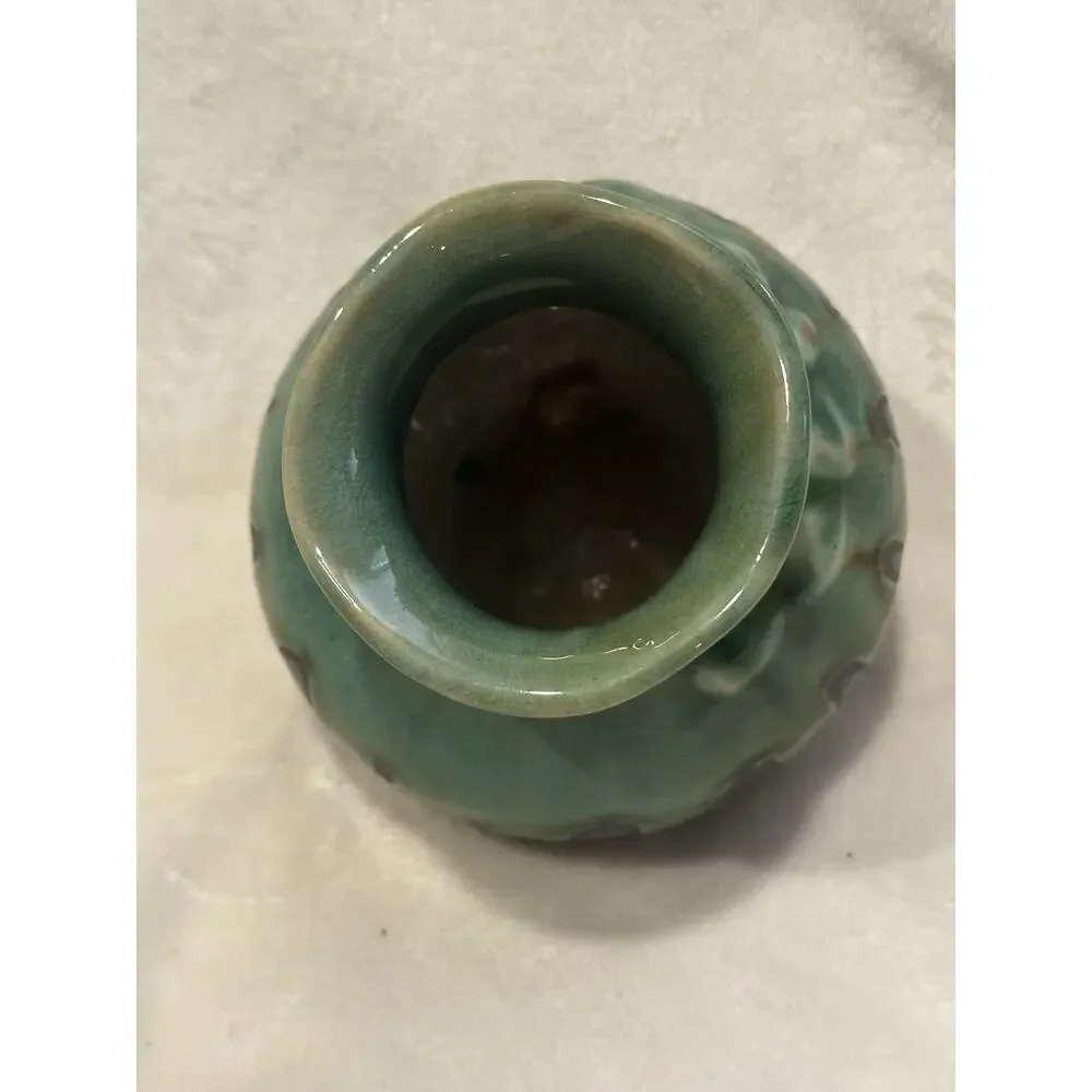 Handcrafted pottery vase green Brown crackle dripping glaze Decor Boho Retro